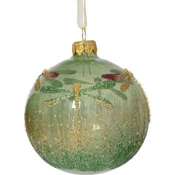 Vánoční ozdoba Světle zelená skleněná Vánoční Koule s vážkami - se třpytkami 8cm