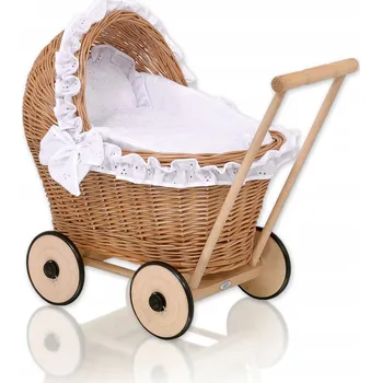 Kočárek pro panenku Proutěný kočárek pro panenky odrážedlo s bílou vyšívanou peřinkou a měkkou výstelkou