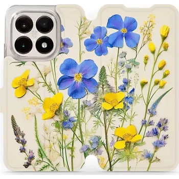 Pouzdro na mobilní telefon Flipové pouzdro Mobiwear - Xiaomi 15T - VP41S Modré a žluté kvítky (Knížkové flip pouzdro, obal, kryt na mobil Xiaomi 15T - VP41S Modré a žluté kvítky, materiál Umělá kůže + TPU - ochrana 360°, stojánek, silikonová vanička, magnetické zavírání)