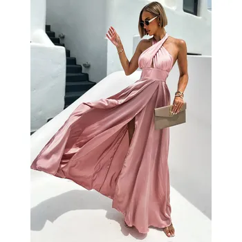 Dámské šaty Růžové dlouhé saténové šaty EMERIK Velikost: ONESIZE