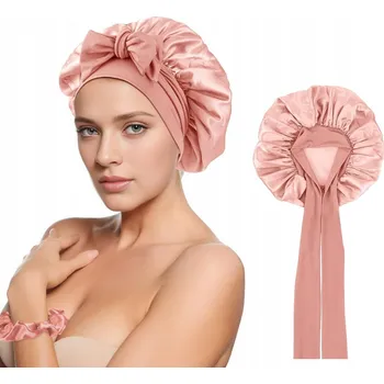 Pokrývka hlavy Saténová čepice na spaní, hedvábná čepice na vlasy s páskem – RŮŽOVÁ