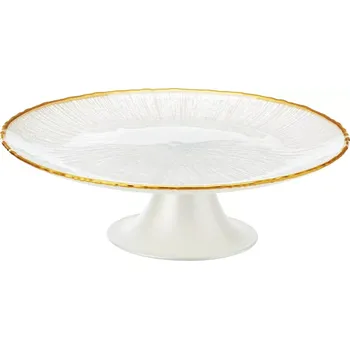 Skleněný stojan na dort na nožce bílý se zlatým lemem 21 cm
