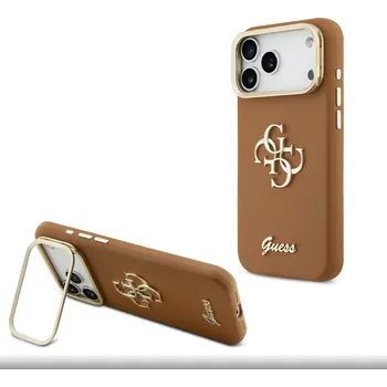 Guess PU Grained 4G Logo Stand Camera Frame Zadní Kryt pro iPhone 17 Pro Max Brown