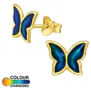 Náušnice ANNA PERLY Dětské pozlacené puzetkové náušnice s motýlkem a barevnou perletí