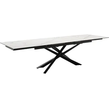 Jídelní stůl Rozkládací jídelní stůl TESERO sklo+keramika, krémový mramor, podnož černá matná 200(250/300)x95