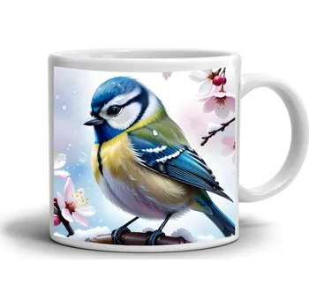 Bílý keramický hrnek 330ml s obrázkem - zimní ptáček