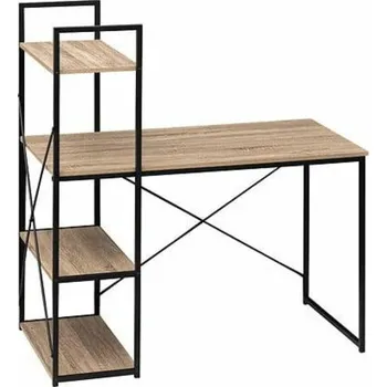 Psací stůl Pracovní stůl loftový Aliaj s policemi přírodní dub a černý kov do pracovny nebo studentského pokoje