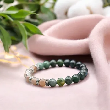 Náramek MkD Náramek z minerálů CITOVÁ ROVNOVÁHA - mechový achát, měsíční kámen, chirurgická ocel