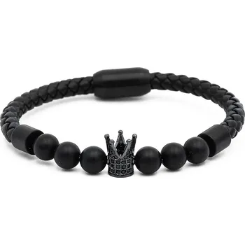 Náramek ANNA PERLY Pánský náramek z černé kůže zdobený korunkou