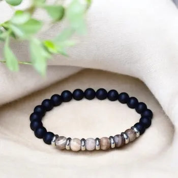 Náramek MkD Náramek z minerálů VNITŘNÍ KLID - onyx, zkamenělé dřevo, chirurgická ocel, unisex