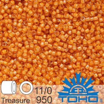 Korálek Korálky TOHO tvar TREASURE (válcové). Velikost 11/0. Barva č. 950-Inside-Color Jonquil/Burnt Orange Lined . Balení 5g.