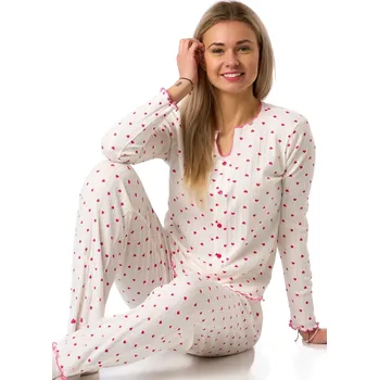 Dámské pyžamo Bílé žebrované bavlněné pyžamo s růžovými srdíčky 1D1762 bílá s
