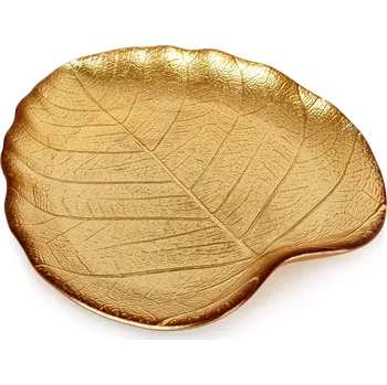 Talíř Skleněný servírovací talíř ve tvaru listu, zlatý, 18 × 16 cm