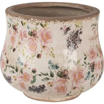 Obal na květináč Béžový keramický obal na květináč s odřením a růžovými růžemi Ineke – 18x15 cm