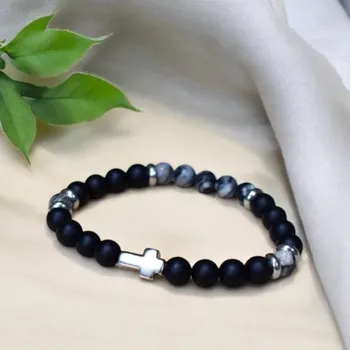 Náramek MkD Náramek z minerálů OCHRÁNCE - onyx, síťovaný jaspis, chirurgická ocel, křížek, unisex