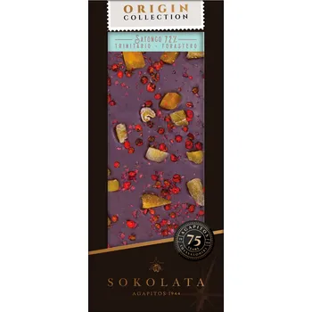 Čokoláda SATONGO 72% hořká čokoláda s mangem, růžovým pepřem a himalájskou solí 100g SOKOLATA AGAPITOS