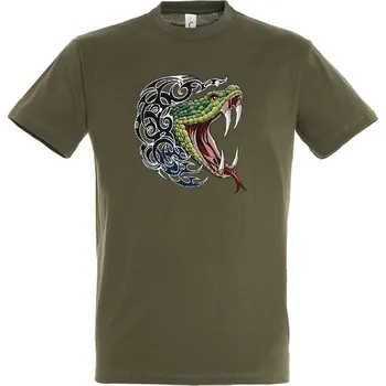 panske-levne-bavlnene-tricko-digi-potisk-tatoo-kobra Barva: Khaki, velikost: XS