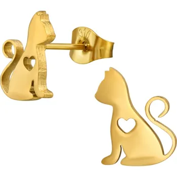 Náušnice B-TOP Pozlacené puzetové náušnice ve tvaru kočky se srdíčkem