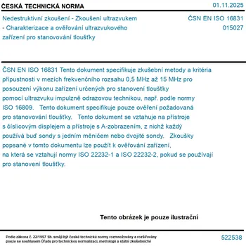ČSN EN ISO 16831 - Nedestruktivní zkoušení - Zkoušení ultrazvukem - Charakterizace a ověřování ultrazvukového zařízení pro stanovování tloušťky - Tisk