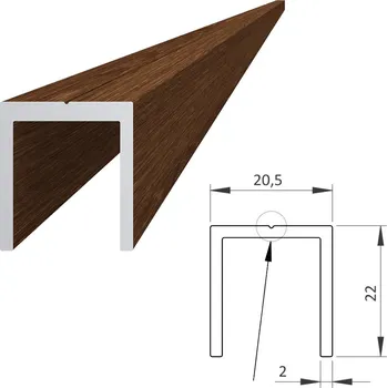 Stavebniny Hliníkový U profil ořech, 20,5x22mm, na rám, AL-WDU21-OR-6
