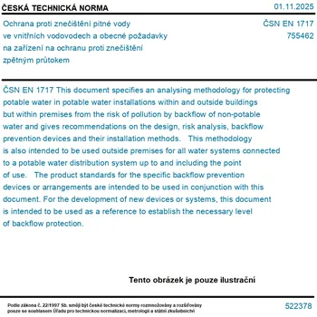 ČSN EN 1717 - Ochrana proti znečištění pitné vody ve vnitřních vodovodech a obecné požadavky na zařízení na ochranu proti znečištění zpětným průtokem - Tisk