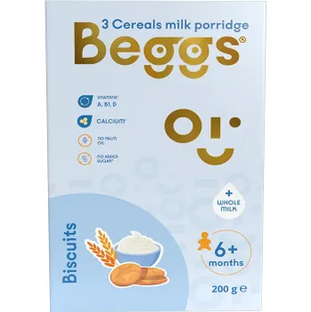 Dětská výživa Beggs Mléčná 3zrnná kaše se sušenkami 200g 6m+