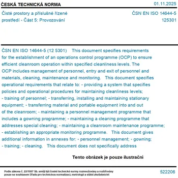 ČSN EN ISO 14644-5 - Čisté prostory a příslušné řízené prostředí - Část 5: Provozování - Tisk