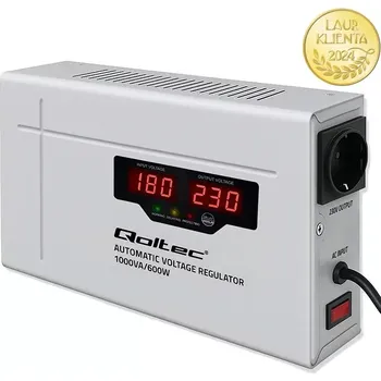 Měnič napětí *Qoltec 50715 AVR 1000VA (600W) – Automatický stabilizátor napětí 230 V | 3 % přesnost | Toroidní transformátor (Automatický stabilizátor napětí Qoltec AVR 1000VA (600W) vyrovnává kolísání napětí s přesností ±3 %. Chrání připojená zařízení před přepětím,)