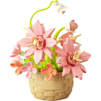 ostatní stavebnice Stavebnice Květináč s elegantním aranžmá Dekorativní model z kostek Stylová bytová dekorace pro domov i kancelář růžová