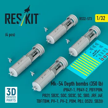 Plastikový model Reskit 1/32 Mk-54 Depth bombs (350 lbs) (4 pcs.)