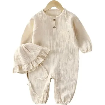 Kojenecký overall Mušelínový bavlněný overal pro novorozence s dlouhým rukávem a kulatým výstřihem Béžový unisex overal s knoflíky a dlouhými nohavicemi 0-3 měsíce