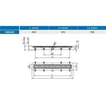 Odvodňovací žlab Žlab podlahový lineární 850 mm, D 40 mm, boční, drops mat, ENPRO