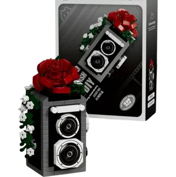 ostatní stavebnice Stavebnice retro fotoaparátu s květinovým motivem 3D dekorace z kostek Kreativní model s růží pro dospělé a starší děti