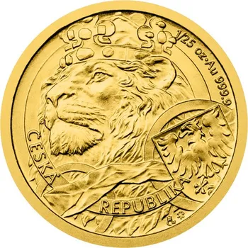 Zlatá 1/25oz investiční mince Český lev 2025 stand