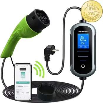 Nabíjecí stanice pro elektromobil Qoltec 52435 Mobilní nabíječka Qoltec 2 v 1 Typ 2 – 3,5 kW | 230 V | Wi-Fi | TUYA | SMART LIFE | Nastavitelný proud | 5 m kabel (Mobilní nabíječka Qoltec Typ 2 se zástrčkou SCHUKO (230 V) nabízí pohodlné a bezpečné nabíjení elektromobilu. Nastavitelný)