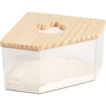 Rohová písková koupel pro křečky 13 x 13 x 8 cm Akrylátová a dřevěná vana s otvorem Ø 6 cm Hygienická rohová toaleta pro hlodavce