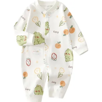 Kojenecký overall Bavlněný overal pro novorozence s dlouhým rukávem a O-výstřihem Bílý unisex overal s kreslenými motivy a zapínáním na knoflíky 9-12 měsíců