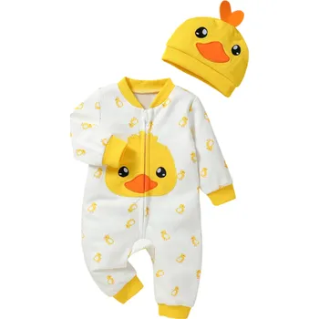Kojenecký overall Dětský overal s dlouhým rukávem a čepicí s motivem kachničky Unisex novorozenecký komplet O-krk Polyester Spandex Zip módní streetwear 12-18 měsíců