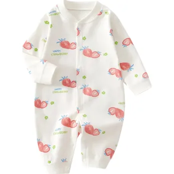 Kojenecký overall 100% bavlněný overal pro novorozence s potiskem jahod Dlouhý rukáv O-výstřih Bílý unisex overal s veselými motivy a knoflíkovým zapínáním 6-9 měsíců