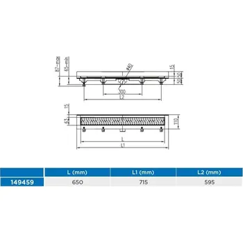 Žlab podlahový lineární ke stěně 650 mm, D 40 mm, boční, medium mat, ENPRO