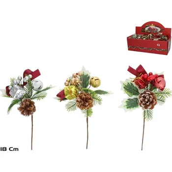 Vánoční dekorace Euro Habitat Vánoční zápich 18 cm - větvička s dárkem, rolničkou a šiškou, mix barev