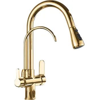 Kuchyňská baterie 360° otočná filtrační baterie s vytahovacím ramínkem 3 způsoby směšování teplé a studené vody, rozměry 34x11,5 cm zlatá
