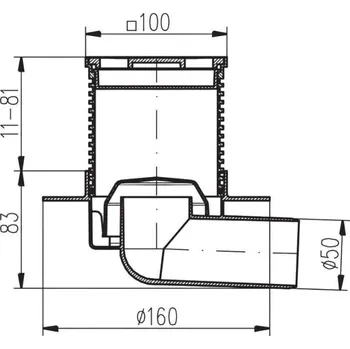 Odvodňovací žlab Vpusť podlahová boční PVB 100 x 100 mm PR/DN 50 mm, bílá 0515