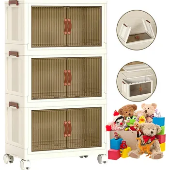 Úložný box PLASTOVÁ SKŘÍŇKA SKLÁDACÍ REGÁL 3 ÚROVNĚ SE DVÍŘKY NA KOLEČKÁCH 49x86