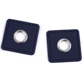 Průchodka s koženkovým čtverečkem k našití, průvlek 10 mm, malé, 6 modrá tmavá