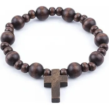 Náramek Pánský náramek s dřevěnými korálky a křížovým přívěskem 19cm