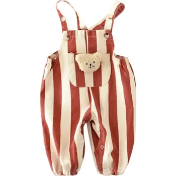 Dětský overall Dětský bavlněný overal bez rukávů s medvídkem Červený s béžovými pruhy Kojenecký overal s kapsičkou a knoflíky na ramenou pro dívky i chlapce 6-9 měsíců