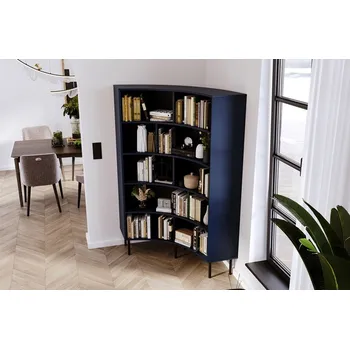 regál Rohový regál Skandica Horn – modrá, knihovna do rohu s obloukovým tvarem