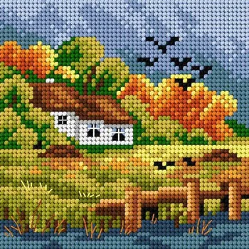 Textilie Předloha vyšívací Podzimní dům 2 15x15cm (Gobelínové plátno (stramín) s natištěným obrázkem s motivem Domu na podzim. Kreativní předloha od výrobce Orchidea. Bavlněná vyšívací předloha s rozměry 15 x 15 cm.)