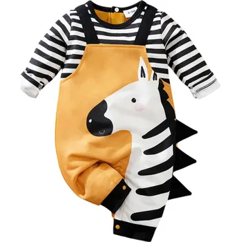 Kojenecký overall Dětský overal s dlouhým rukávem a kalhotami Unisex zebrový potisk s kreslenými kšandami a 3D hřívou Roztomilý O-krk Polyesterový overal na patenty 0-3 měsíce